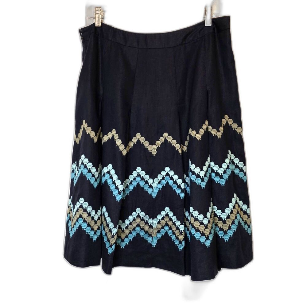 Dressbarn 100% Linen Midi Skirt Pleated Lined Chevron Black Boho Cottage Size 14